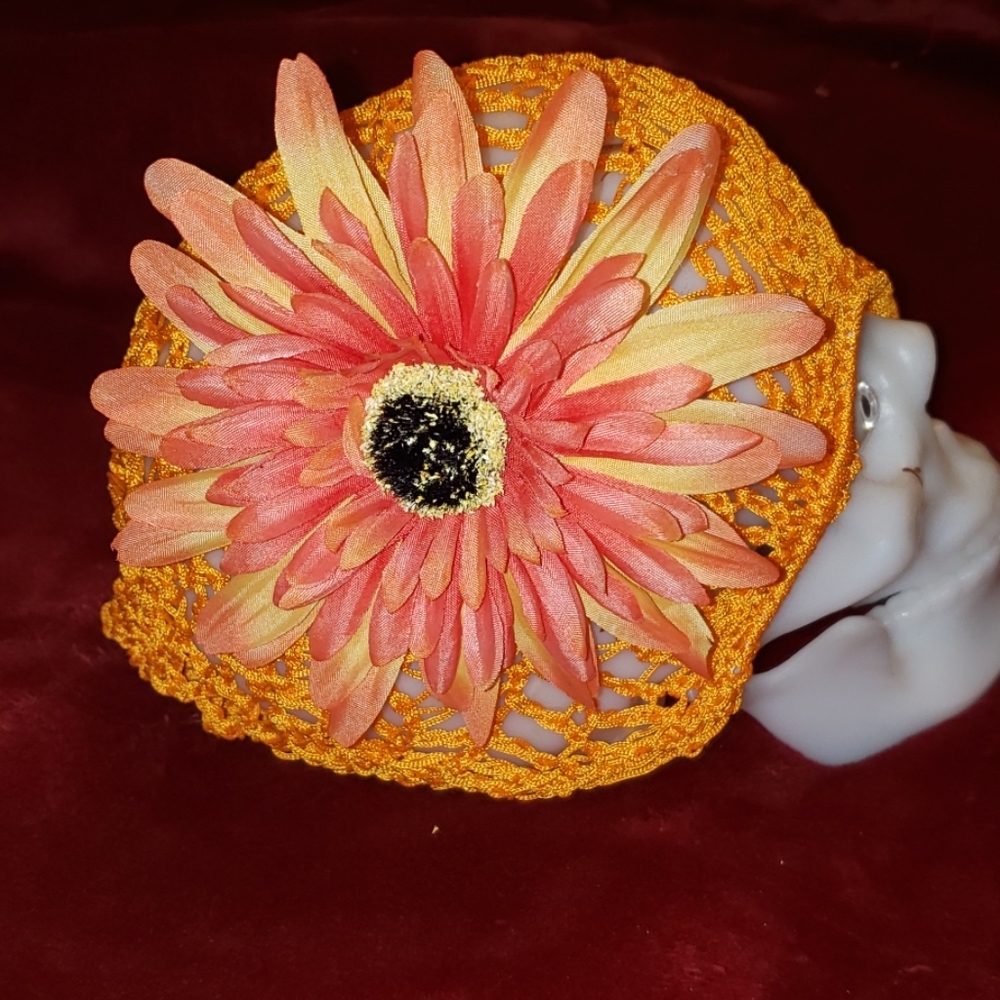 1940's Style 5.5" Orange Floral Hair, Snood Or Hat Barrette w Alligator Clip